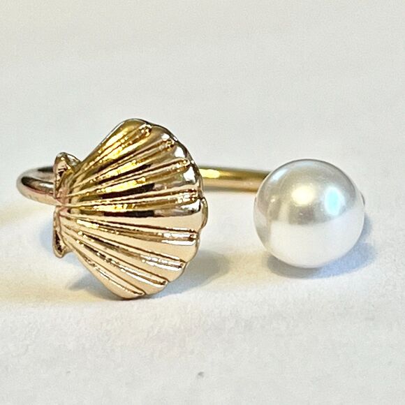 Scallop Sea Shell Ring White Pearl Gold Plated Size 8 9 Island Beach Simulated - Picture 3 of 12